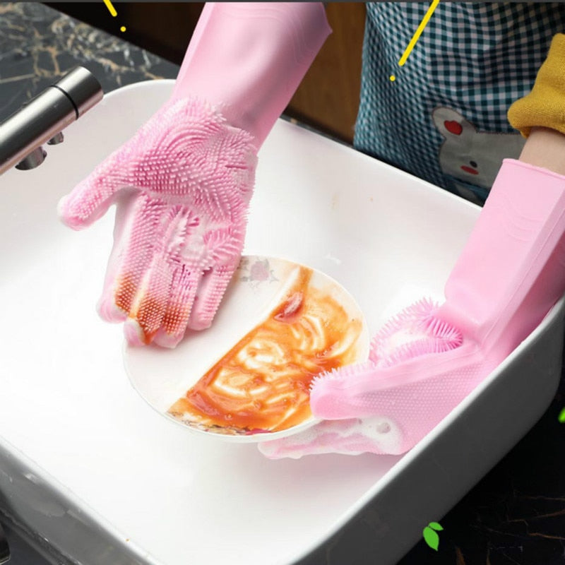 Magic Silicon Dish washing Gloves with Brush Sponge Wash Scrubber