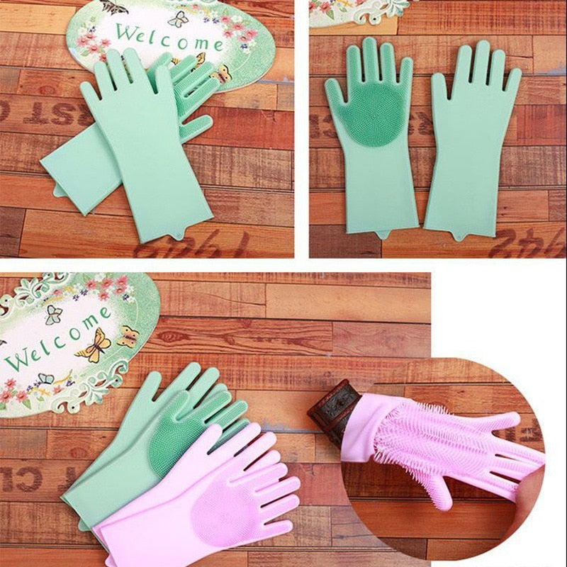Magic Silicon Dish washing Gloves with Brush Sponge Wash Scrubber