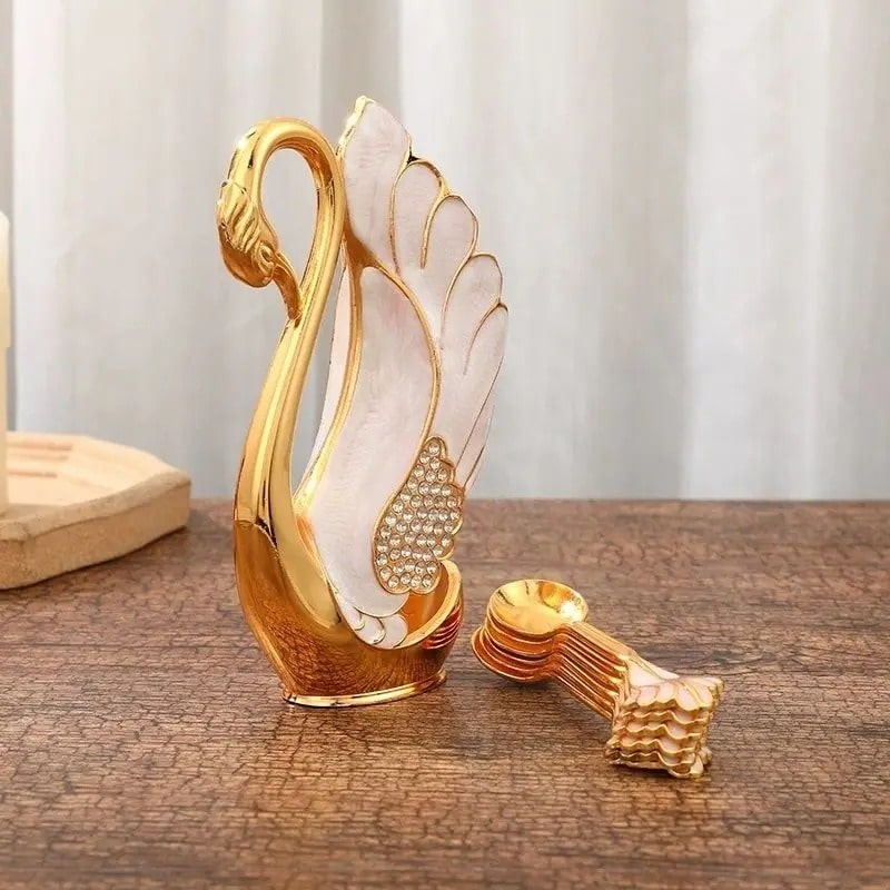 Metal Swan Base Holder with 6pcs Coffee Dessert Tea Spoon Set
