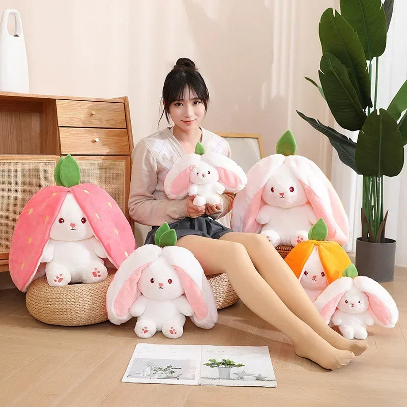Reversible Carrot Strawberry Bunny Plush Doll with Zipper Cute Soft Rabbit Toys Pillow  for Kids Gifts